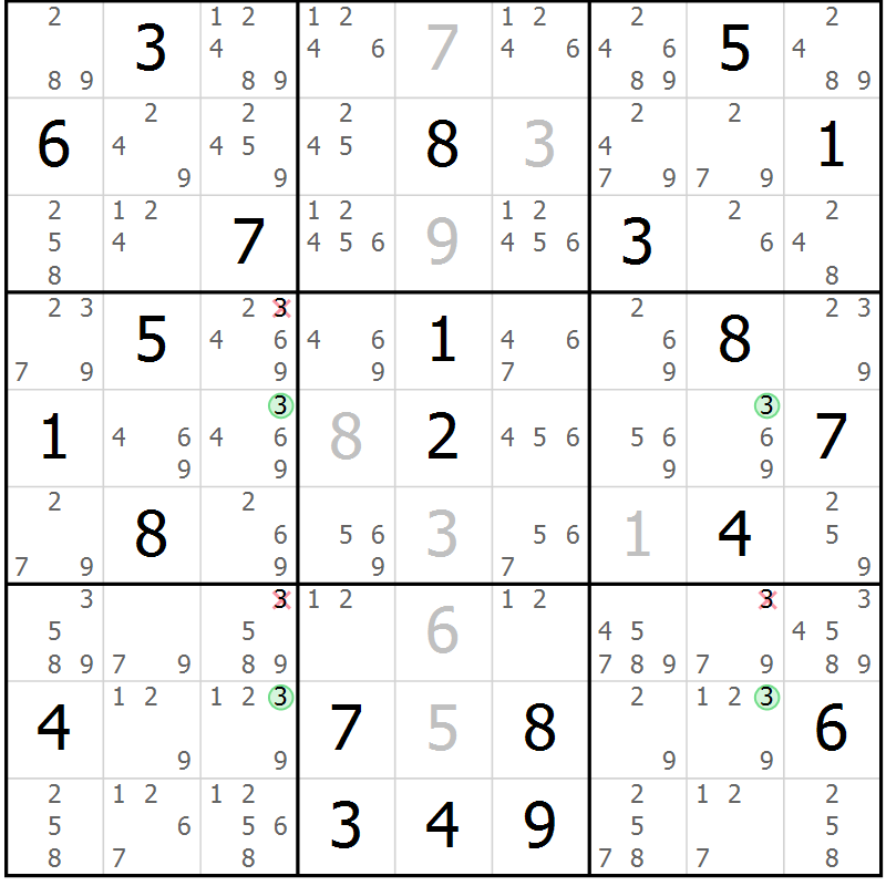 Position des candidats pour la solution de la Gr 9 page 12 du magazine de sudoku Suprême n° 034