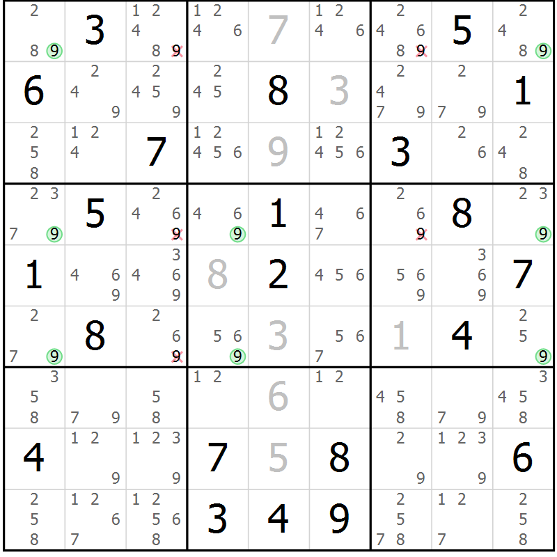 Position des candidats pour la solution de la Gr 9 page 12 du magazine de sudoku Suprême n° 034