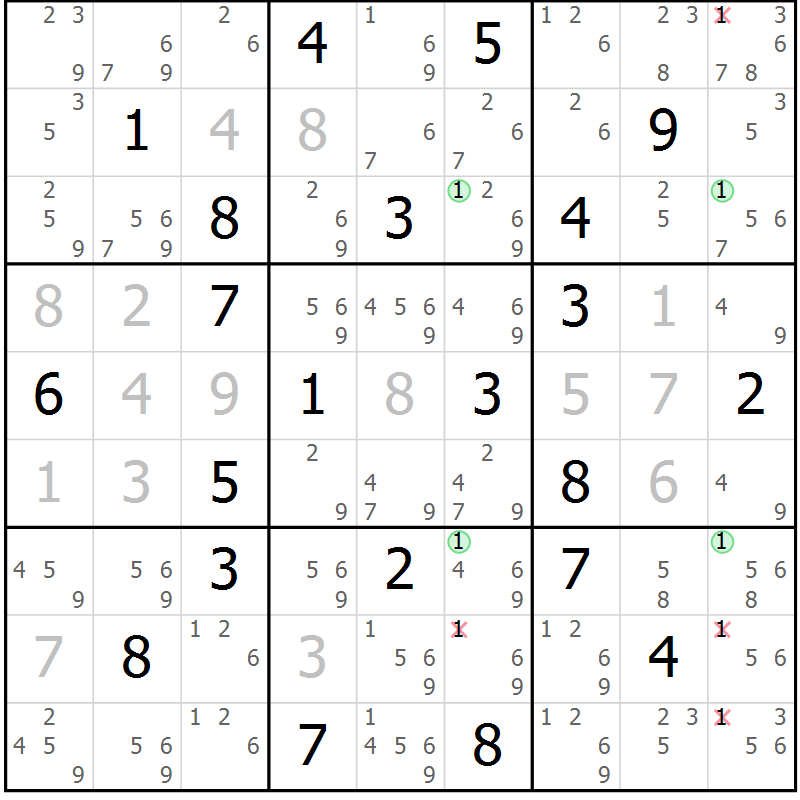 Position des candidats pour la solution de la Gr 1 page 4 du magazine de sudoku Sudoku Suprême n° 036