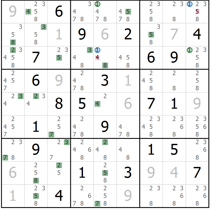 Position des candidats pour la solution de la Gr 10 page 13 du magazine de sudoku Sudoku Suprême n° 036