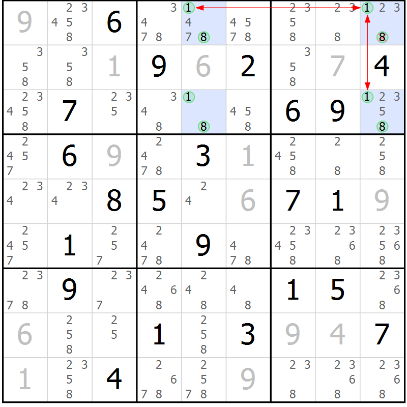 Position des candidats pour la solution de la Gr 10 page 13 du magazine de sudoku Sudoku Suprême n° 036