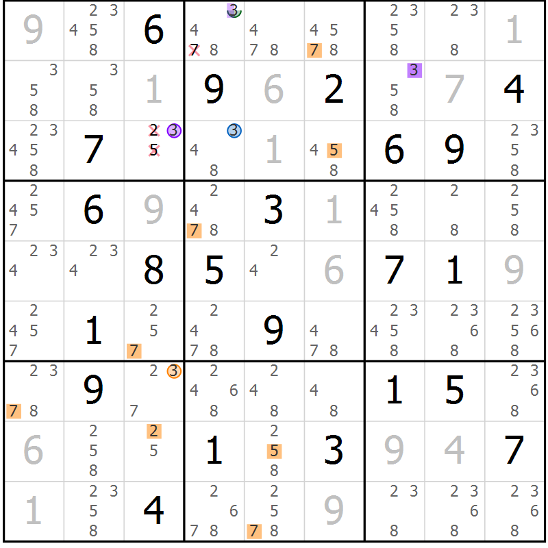 Position des candidats pour la solution de la Gr 10 page 13 du magazine de sudoku Sudoku Suprême n° 036