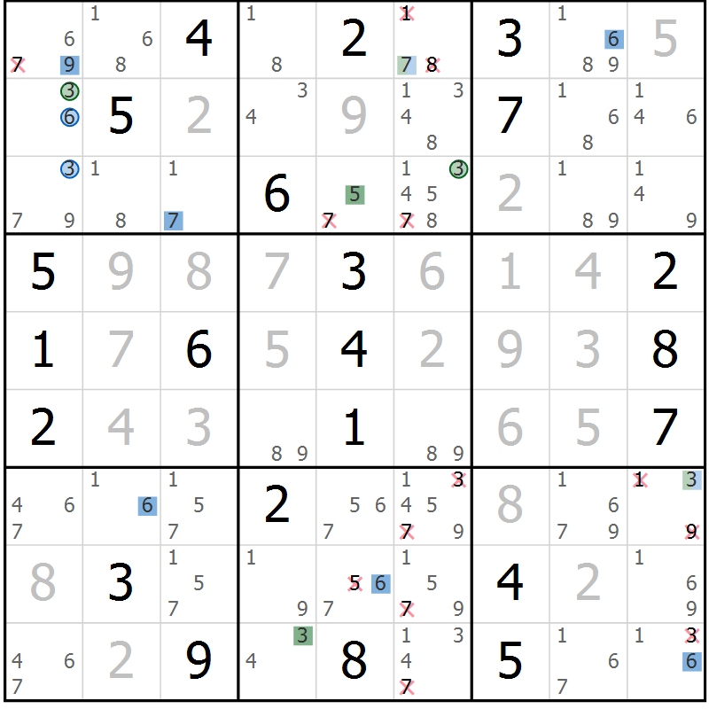 Position des candidats pour la solution de la Gr 11 page 14 du magazine de sudoku Sudoku Suprême n° 036