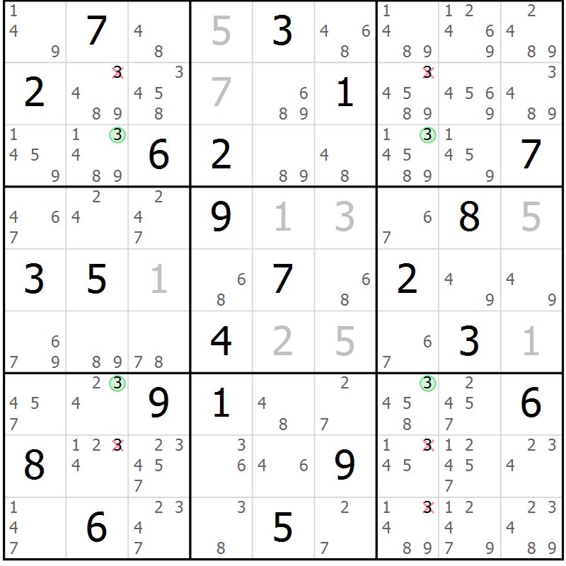 Position des candidats pour la solution de la Gr 15 page 18 du magazine de sudoku Sudoku Suprême n° 036