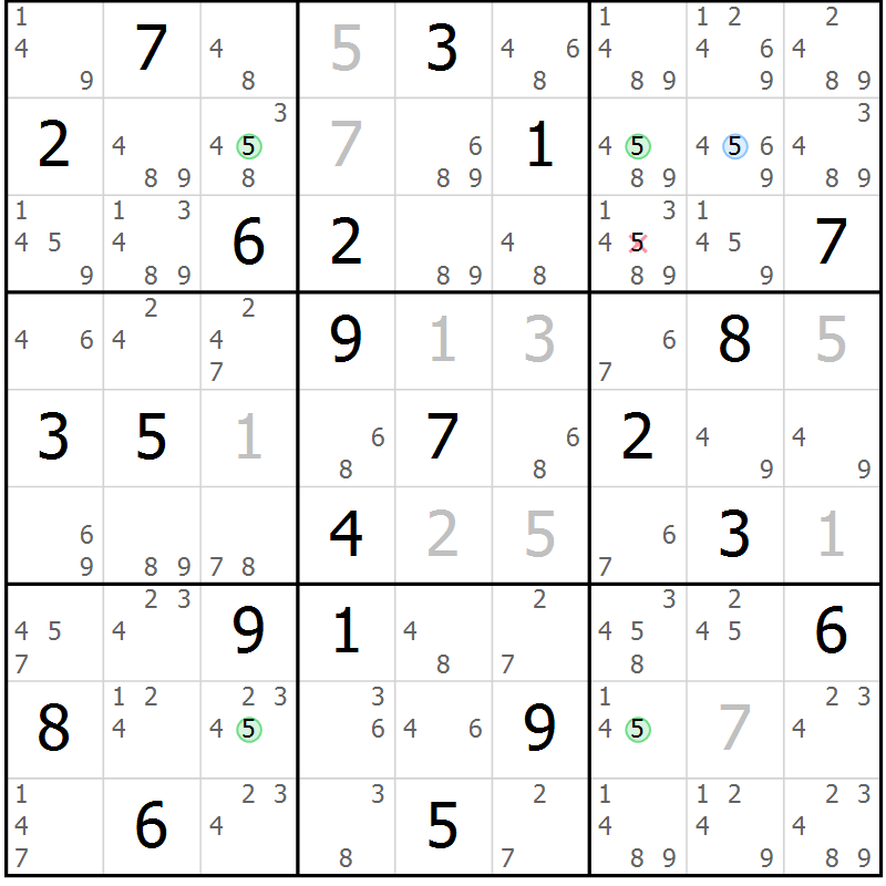 Position des candidats pour la solution de la Gr 15 page 18 du magazine de sudoku Sudoku Suprême n° 036