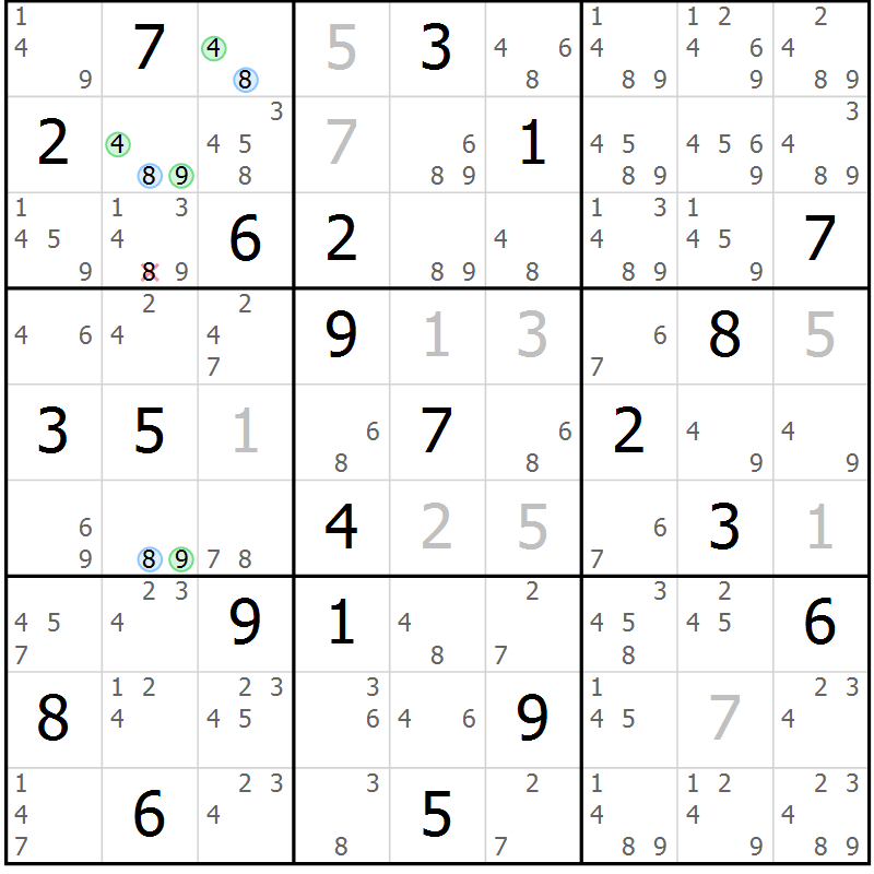 Position des candidats pour la solution de la Gr 15 page 18 du magazine de sudoku Sudoku Suprême n° 036