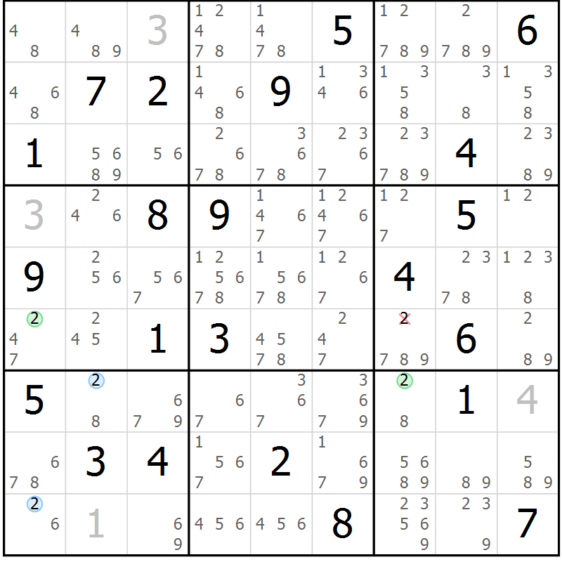 Position des candidats pour la solution de la Gr 18 page 21 du magazine de sudoku Sudoku Suprême n° 036