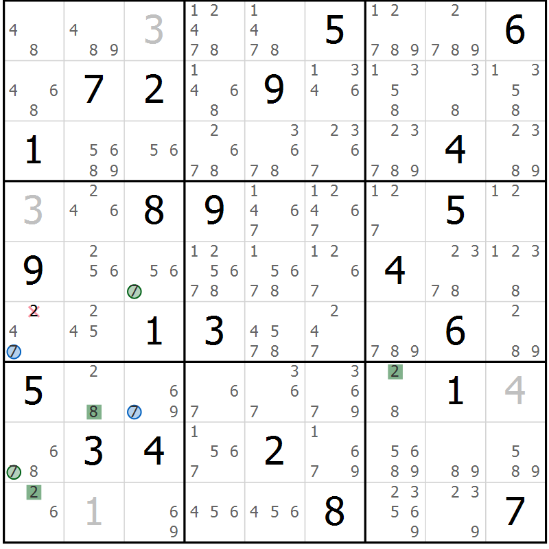 Position des candidats pour la solution de la Gr 18 page 21 du magazine de sudoku Sudoku Suprême n° 036