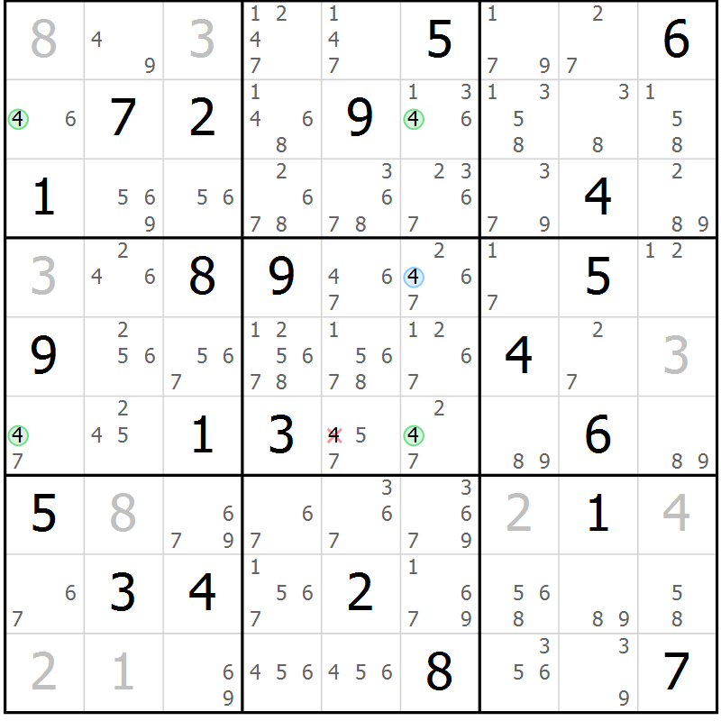 Position des candidats pour la solution de la Gr 18 page 21 du magazine de sudoku Sudoku Suprême n° 036