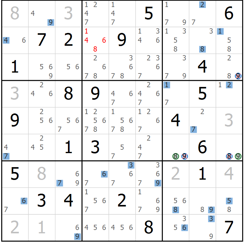 Position des candidats pour la solution de la Gr 18 page 21 du magazine de sudoku Sudoku Suprême n° 036