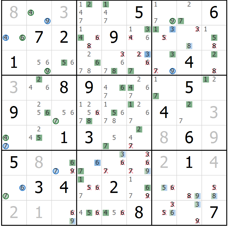 Position des candidats pour la solution de la Gr 18 page 21 du magazine de sudoku Sudoku Suprême n° 036