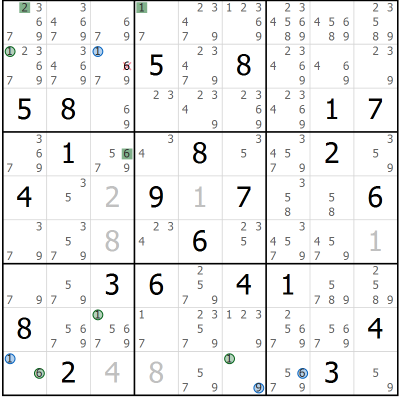 Position des candidats pour la solution de la Gr 21 page 24 du magazine de sudoku Sudoku Suprême n° 036