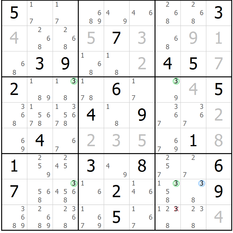 Position des candidats pour la solution de la Gr 22 page 25 du magazine de sudoku Sudoku Suprême n° 036