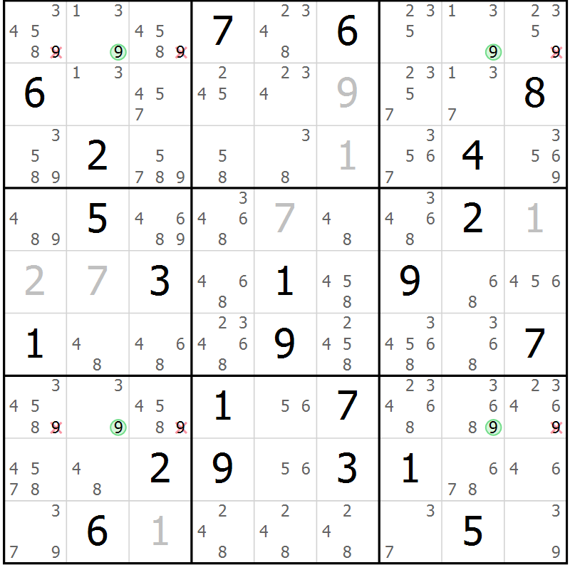 Position des candidats pour la solution de la Gr 24 page 27 du magazine de sudoku Sudoku Suprême n° 036