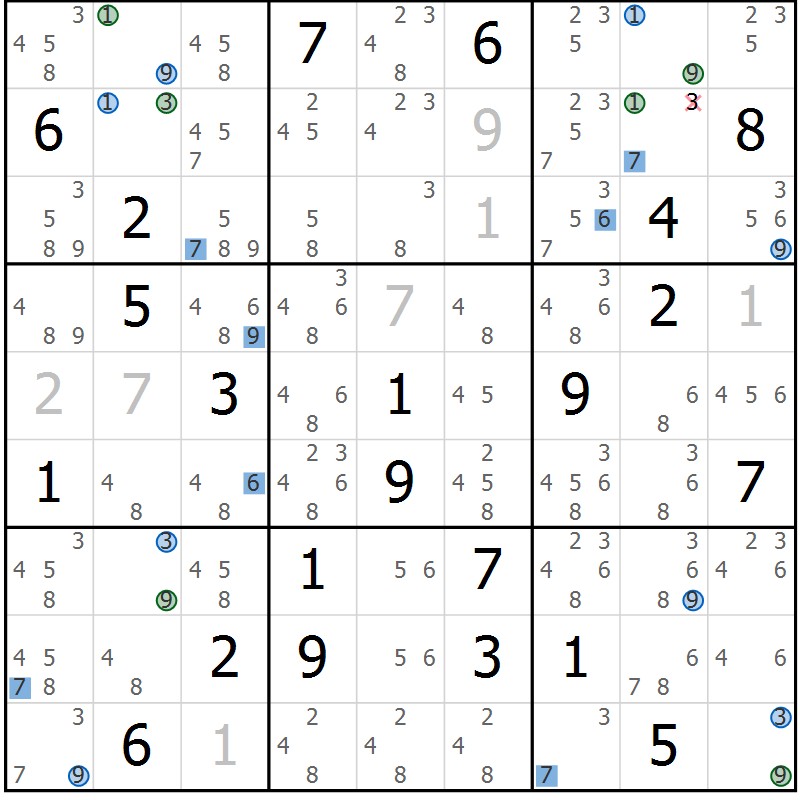 Position des candidats pour la solution de la Gr 24 page 27 du magazine de sudoku Sudoku Suprême n° 036
