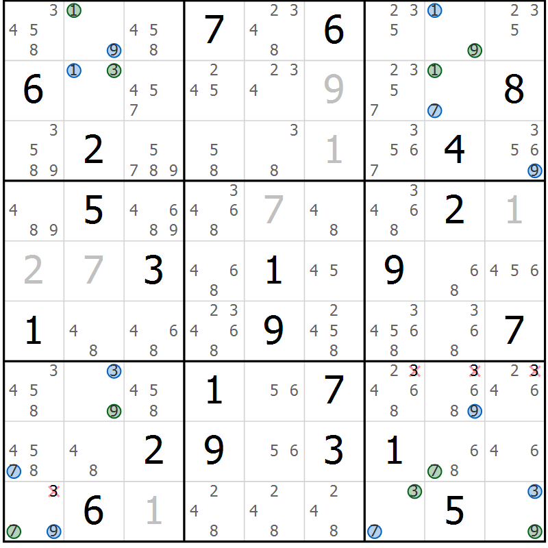 Position des candidats pour la solution de la Gr 24 page 27 du magazine de sudoku Sudoku Suprême n° 036
