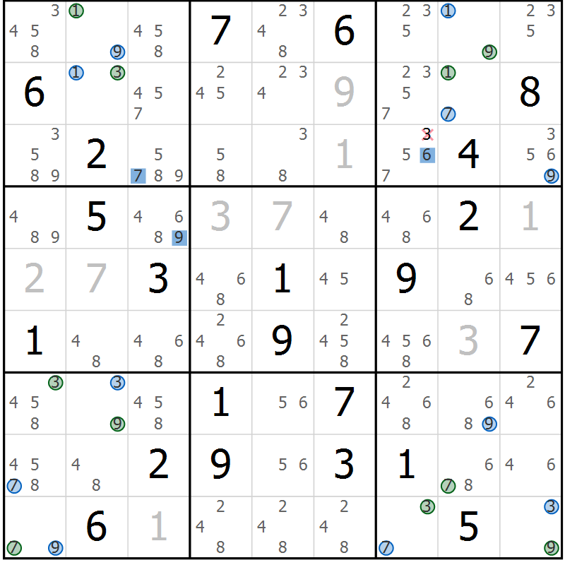 Position des candidats pour la solution de la Gr 24 page 27 du magazine de sudoku Sudoku Suprême n° 036