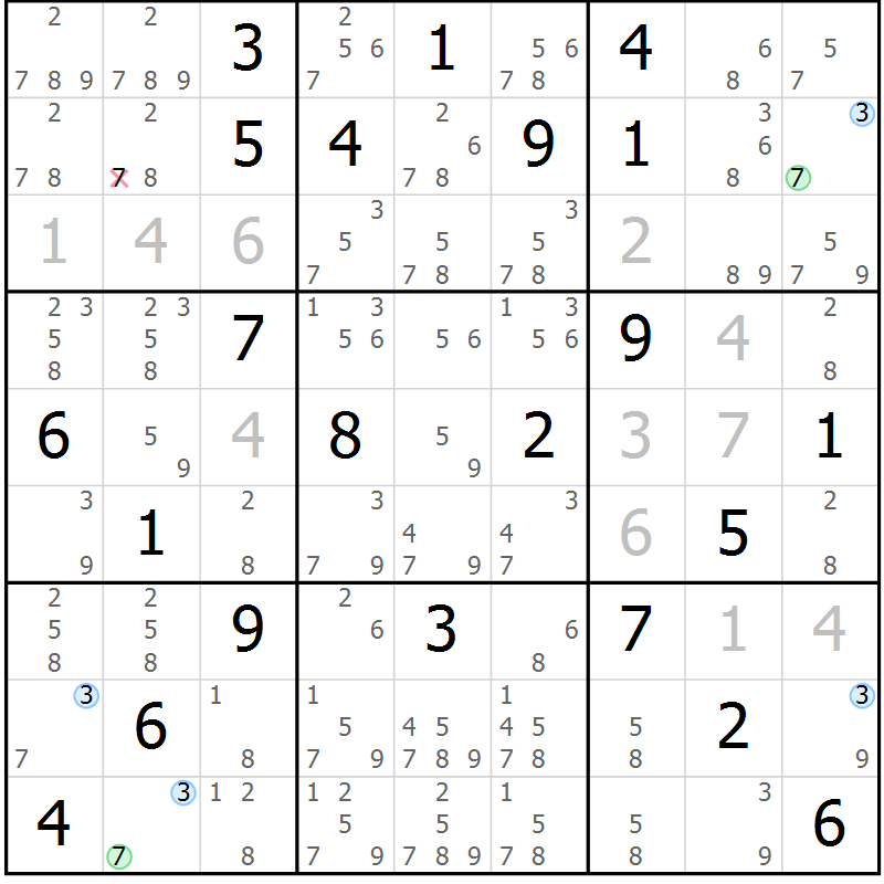Position des candidats pour la solution de la Gr 25 page 28 du magazine de sudoku Sudoku Suprême n° 036