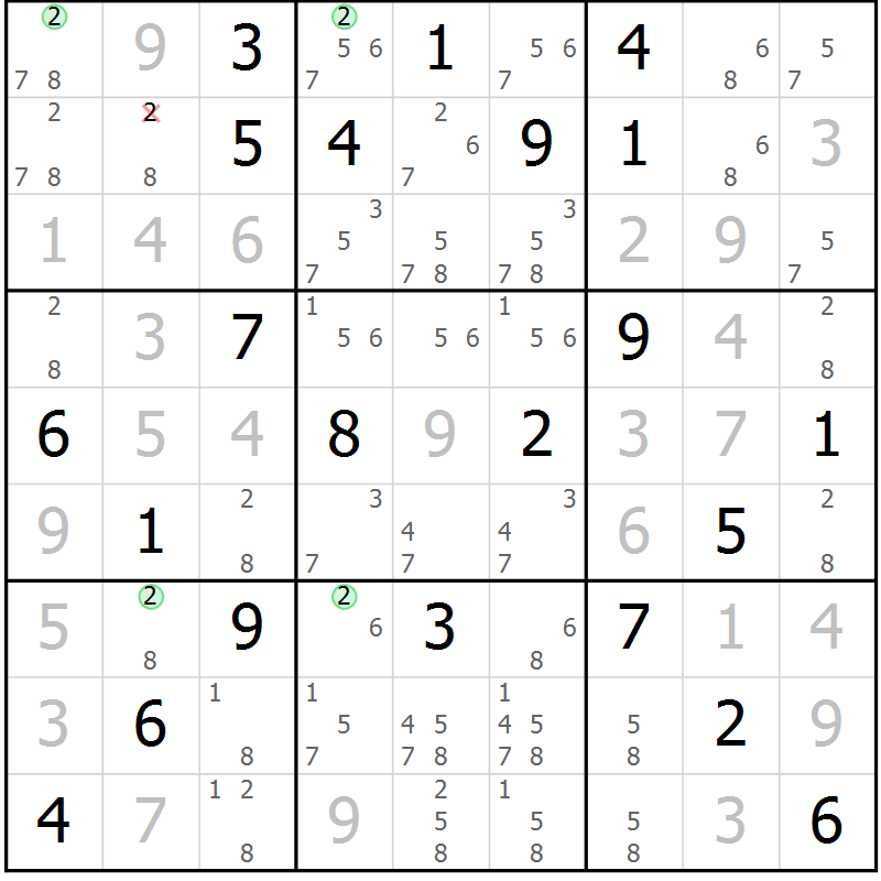 Position des candidats pour la solution de la Gr 25 page 28 du magazine de sudoku Sudoku Suprême n° 036