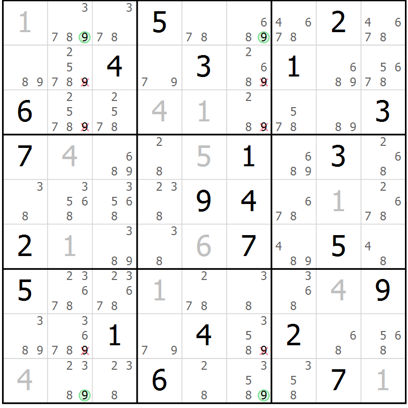 Position des candidats pour la solution de la Gr 28 page 31 du magazine de sudoku Sudoku Suprême n° 036