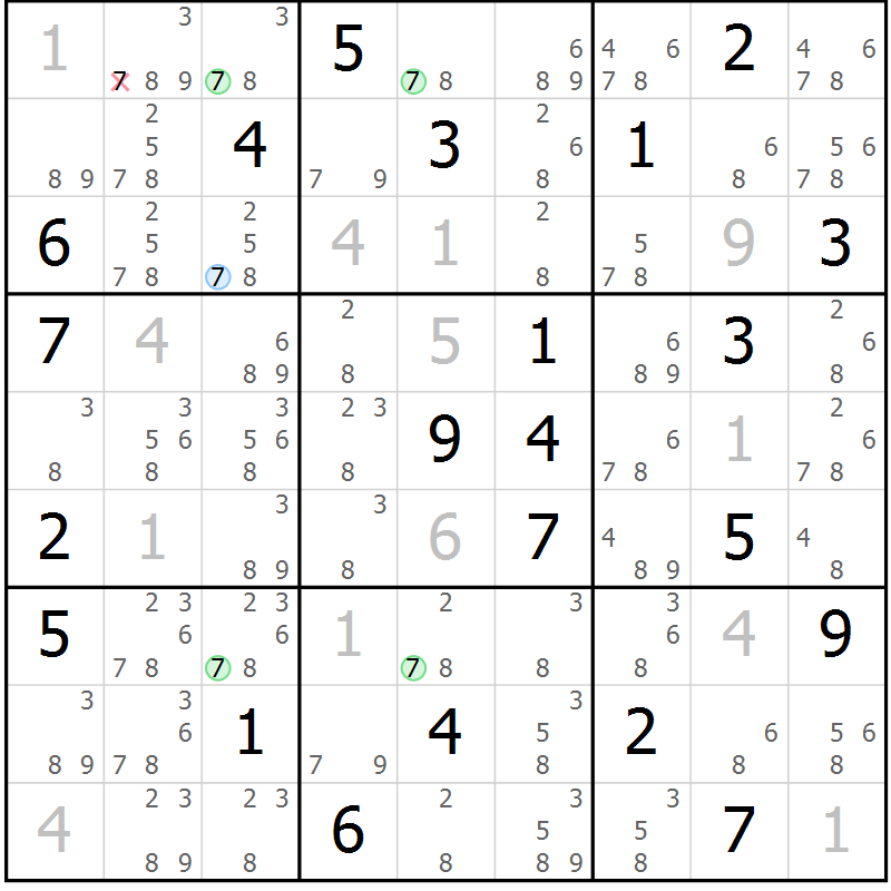Position des candidats pour la solution de la Gr 28 page 31 du magazine de sudoku Sudoku Suprême n° 036