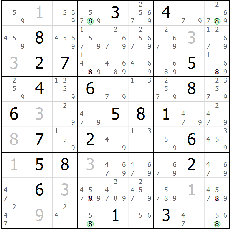 Position des candidats pour la solution de la Gr 29 page 32 du magazine de sudoku Sudoku Suprême n° 036