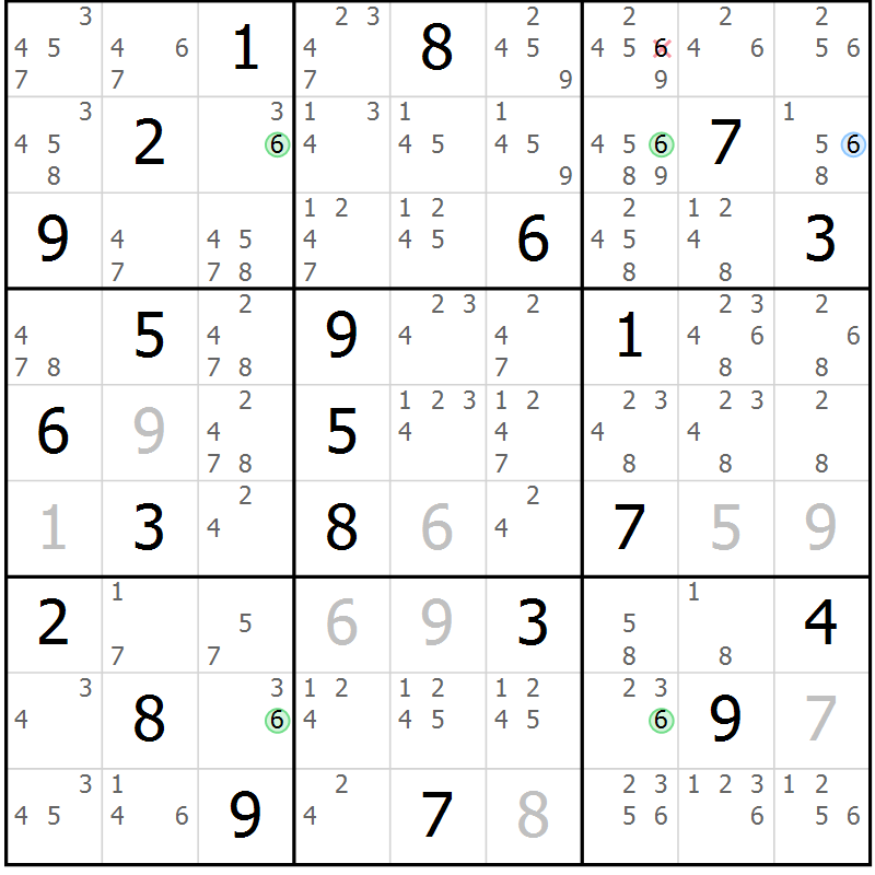 Position des candidats pour la solution de la Gr 3 page 6 du magazine de sudoku Sudoku Suprême n° 036