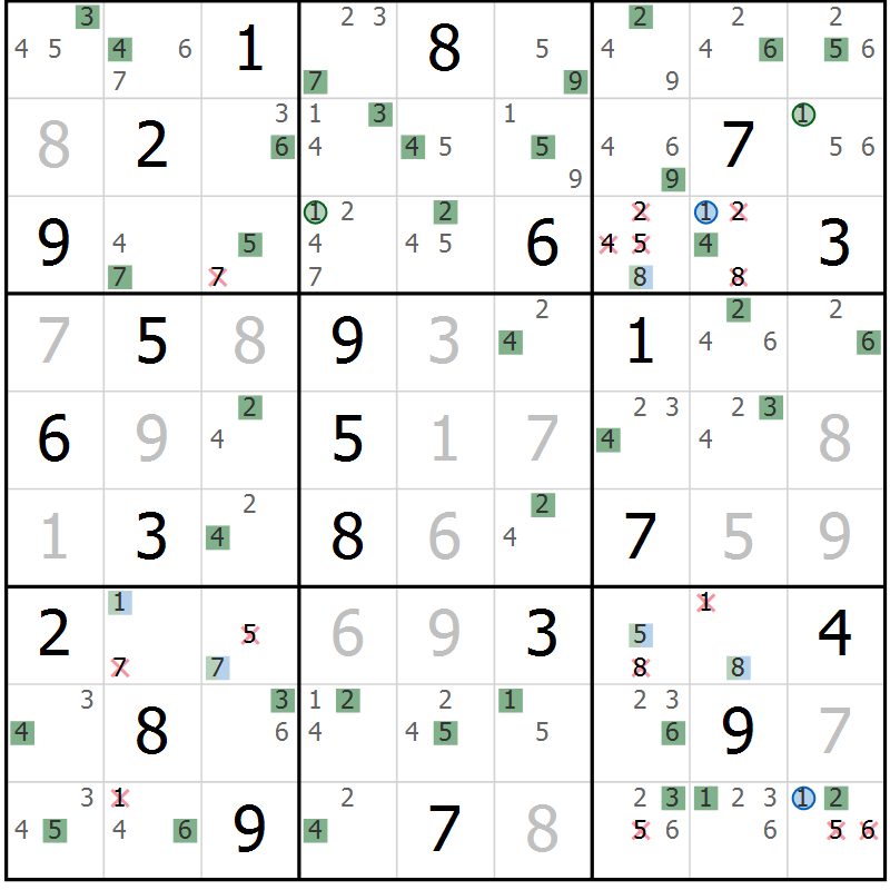 Position des candidats pour la solution de la Gr 3 page 6 du magazine de sudoku Sudoku Suprême n° 036