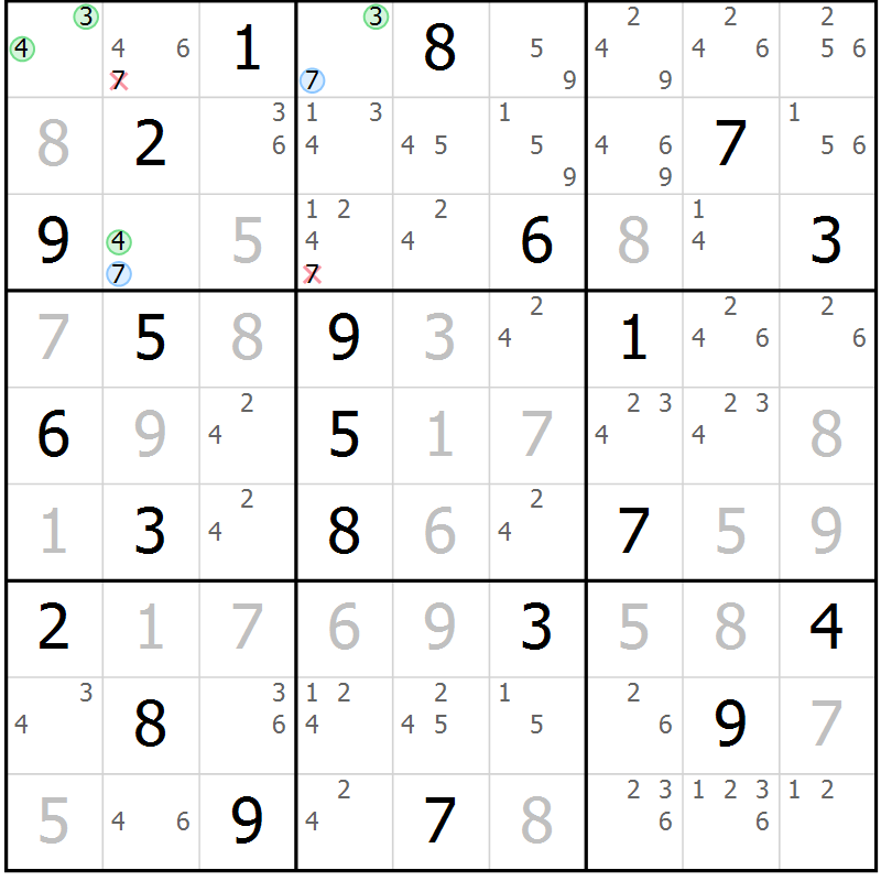Position des candidats pour la solution de la Gr 3 page 6 du magazine de sudoku Sudoku Suprême n° 036