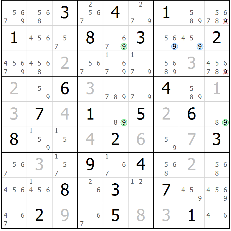 Position des candidats pour la solution de la Gr 33 page 36 du magazine de sudoku Sudoku Suprême n° 036