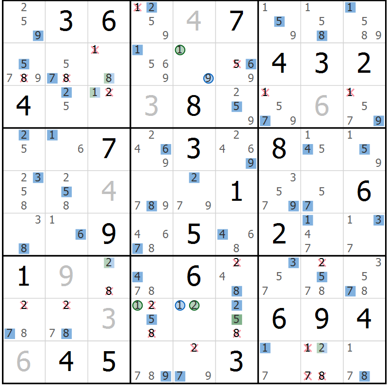 Position des candidats pour la solution de la Gr 35 page 38 du magazine de sudoku Sudoku Suprême n° 036