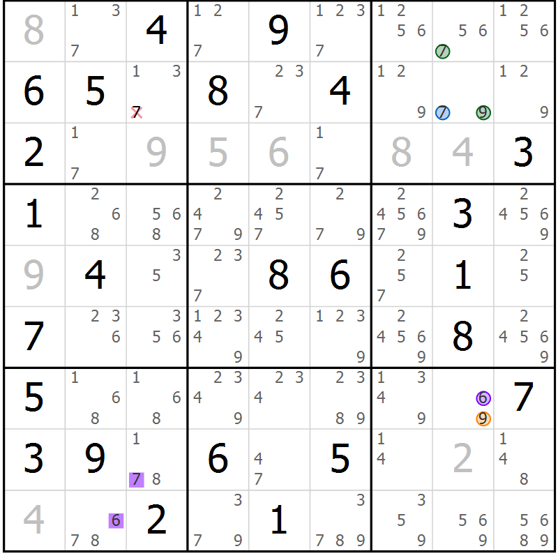 Position des candidats pour la solution de la Gr 38 page 41 du magazine de sudoku Sudoku Suprême n° 036