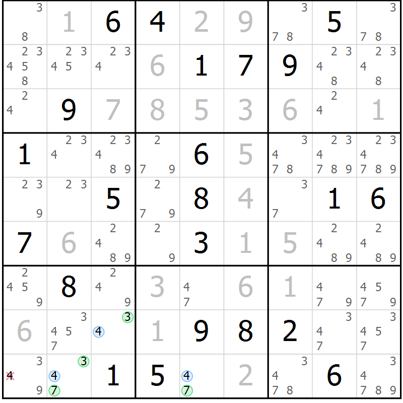 Position des candidats pour la solution de la Gr 4 page 7 du magazine de sudoku Sudoku Suprême n° 036