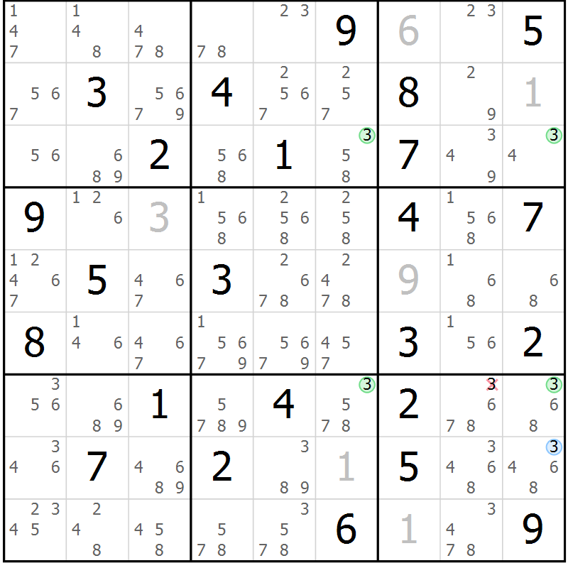 Position des candidats pour la solution de la Gr 42 page 45 du magazine de sudoku Sudoku Suprême n° 036