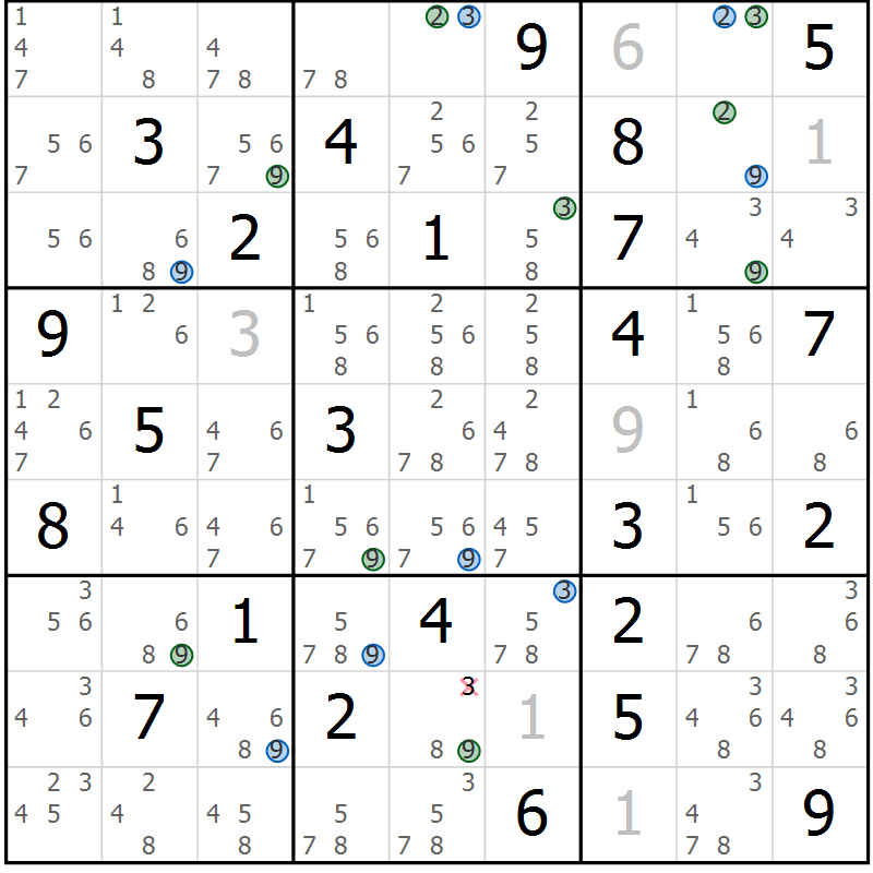 Position des candidats pour la solution de la Gr 42 page 45 du magazine de sudoku Sudoku Suprême n° 036