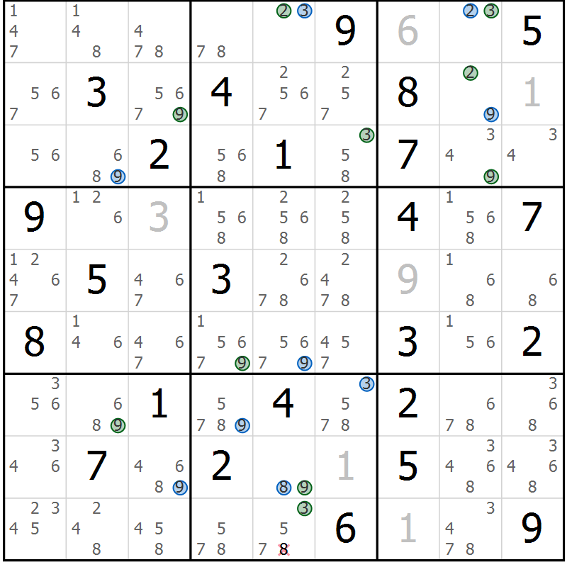 Position des candidats pour la solution de la Gr 42 page 45 du magazine de sudoku Sudoku Suprême n° 036