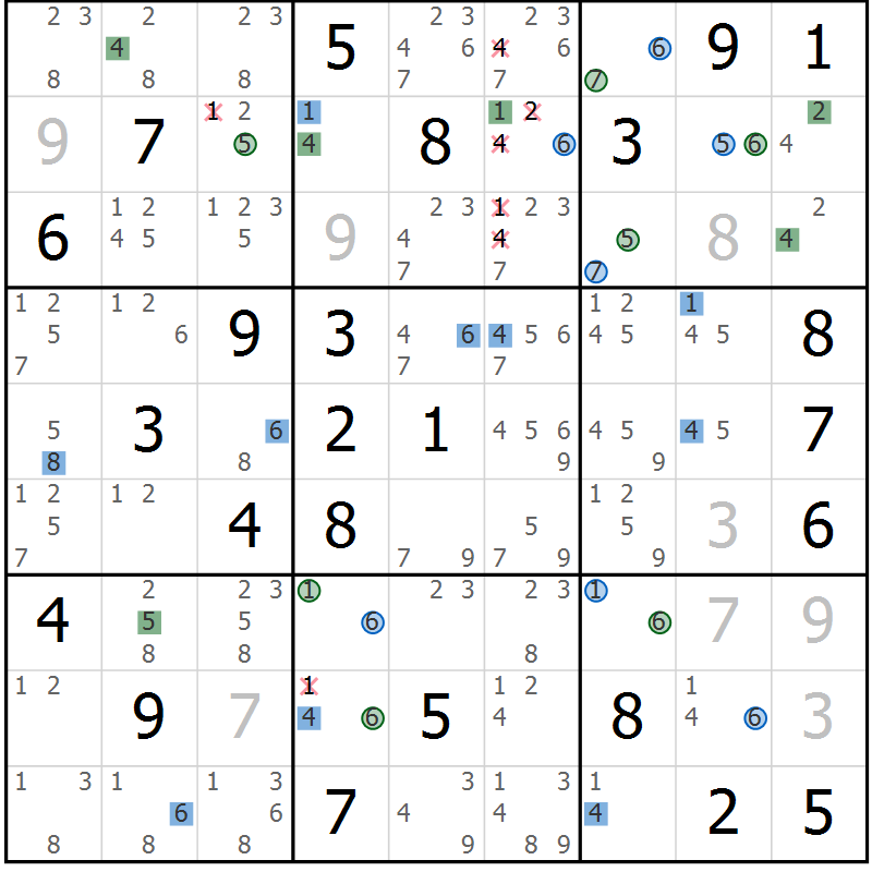 Position des candidats pour la solution de la Gr 43 page 46 du magazine de sudoku Sudoku Suprême n° 036