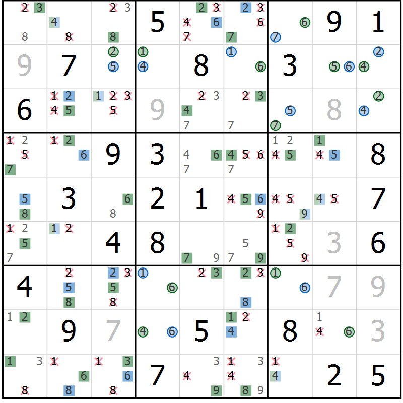 Position des candidats pour la solution de la Gr 43 page 46 du magazine de sudoku Sudoku Suprême n° 036