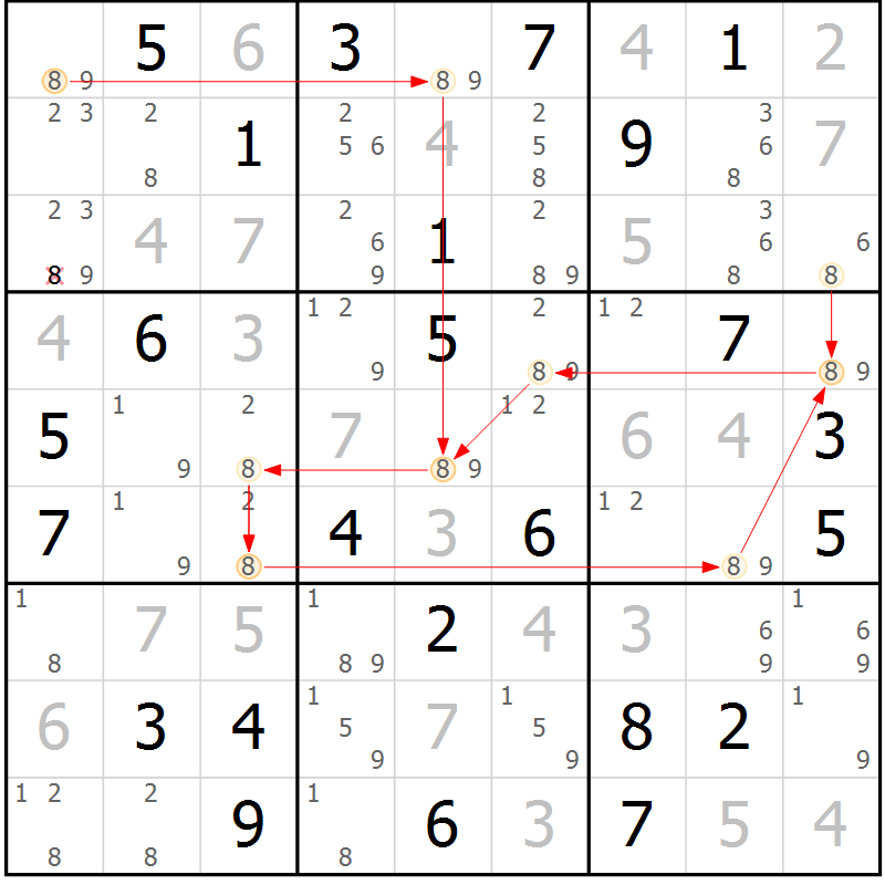 Position des candidats pour la solution de la Gr 44 page 47 du magazine de sudoku Sudoku Suprême n° 036