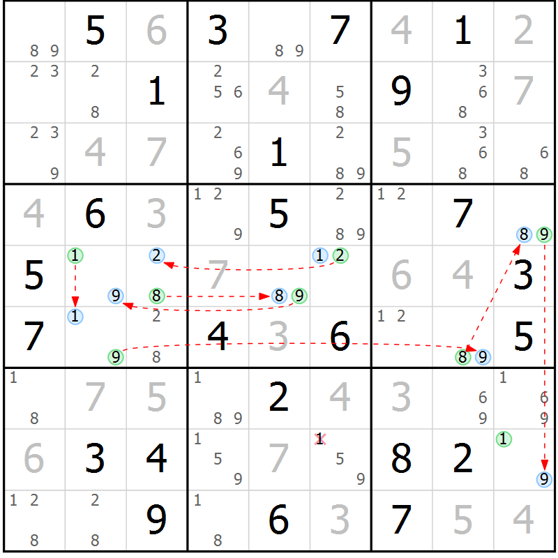 Position des candidats pour la solution de la Gr 44 page 47 du magazine de sudoku Sudoku Suprême n° 036