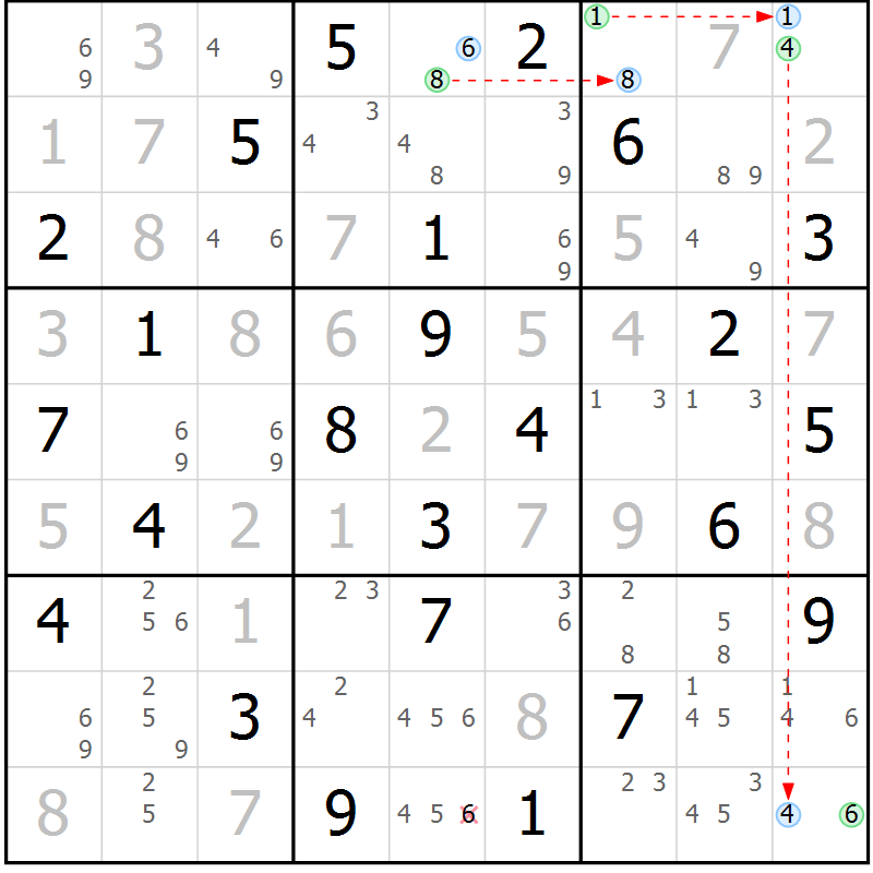 Position des candidats pour la solution de la Gr 45 page 48 du magazine de sudoku Sudoku Suprême n° 036