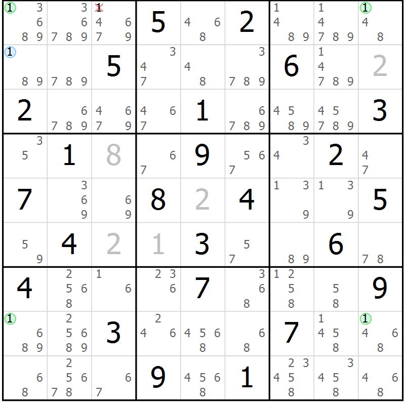 Position des candidats pour la solution de la Gr 45 page 48 du magazine de sudoku Sudoku Suprême n° 036