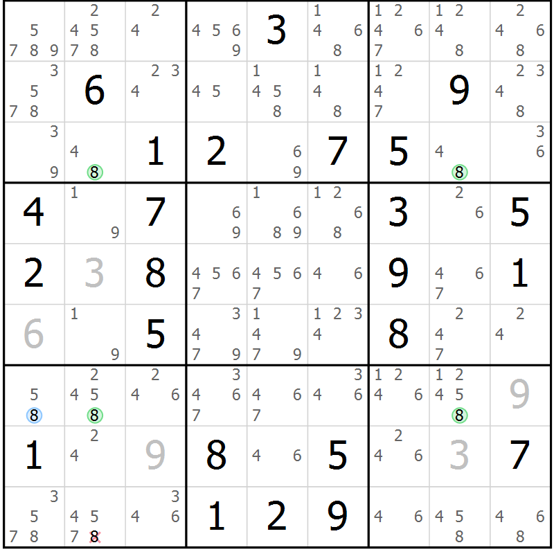 Position des candidats pour la solution de la Gr 46 page 49 du magazine de sudoku Sudoku Suprême n° 036