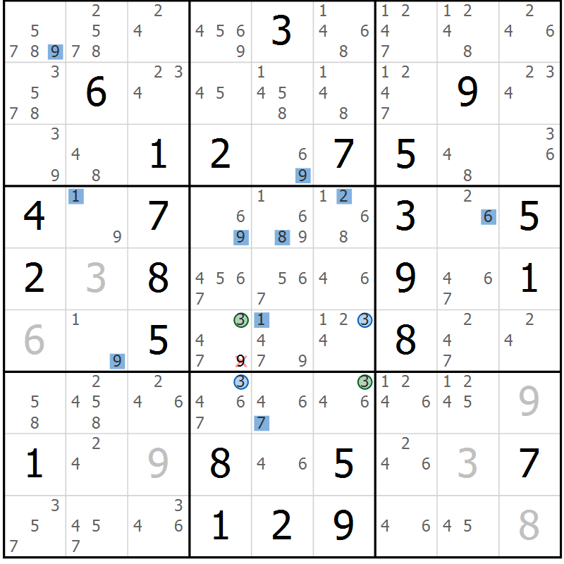 Position des candidats pour la solution de la Gr 46 page 49 du magazine de sudoku Sudoku Suprême n° 036