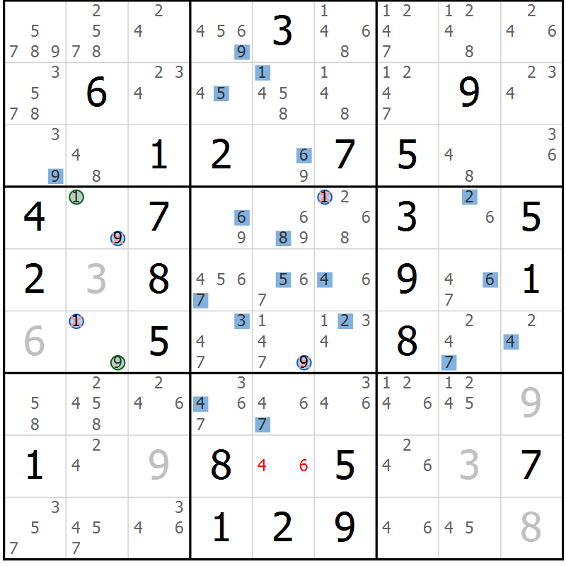 Position des candidats pour la solution de la Gr 46 page 49 du magazine de sudoku Sudoku Suprême n° 036