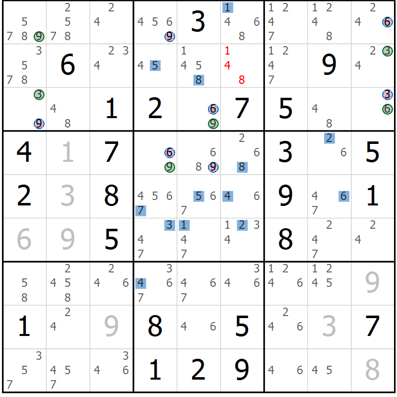 Position des candidats pour la solution de la Gr 46 page 49 du magazine de sudoku Sudoku Suprême n° 036
