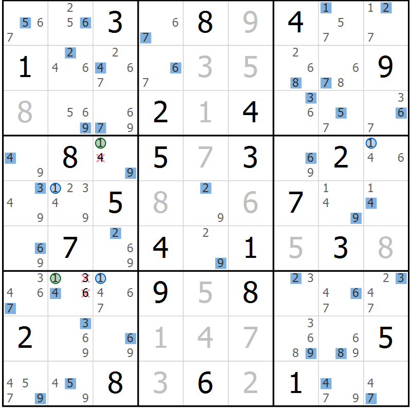 Position des candidats pour la solution de la Gr 47 page 50 du magazine de sudoku Sudoku Suprême n° 036