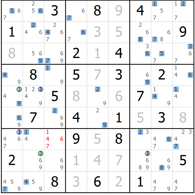 Position des candidats pour la solution de la Gr 47 page 50 du magazine de sudoku Sudoku Suprême n° 036