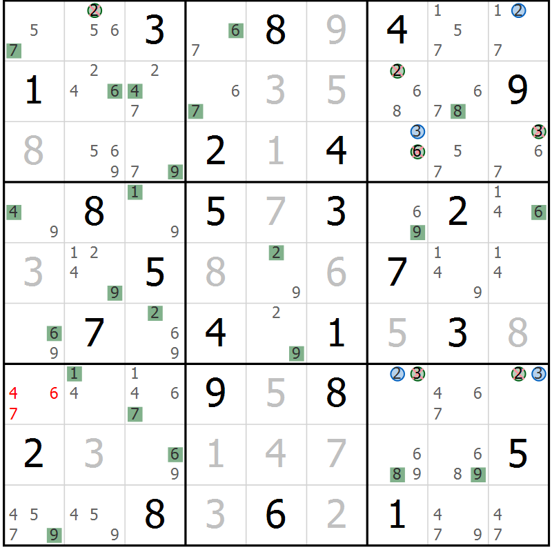 Position des candidats pour la solution de la Gr 47 page 50 du magazine de sudoku Sudoku Suprême n° 036