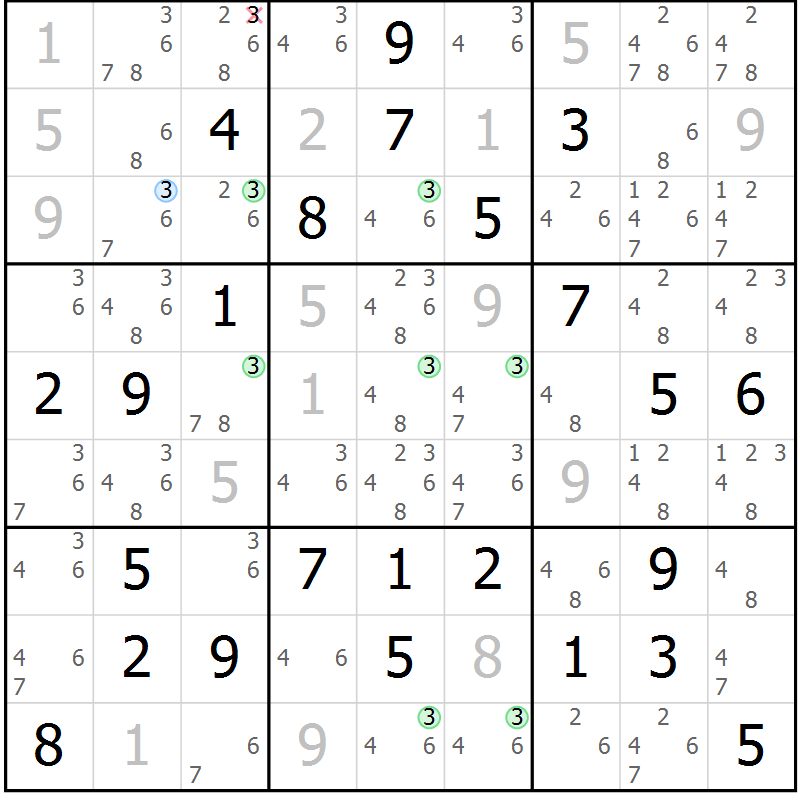 Position des candidats pour la solution de la Gr 49 page 52 du magazine de sudoku Sudoku Suprême n° 036